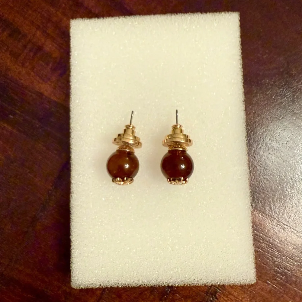 Tory Burch Gold and Brown Logo Stud Earrings - Picture 2 of 3